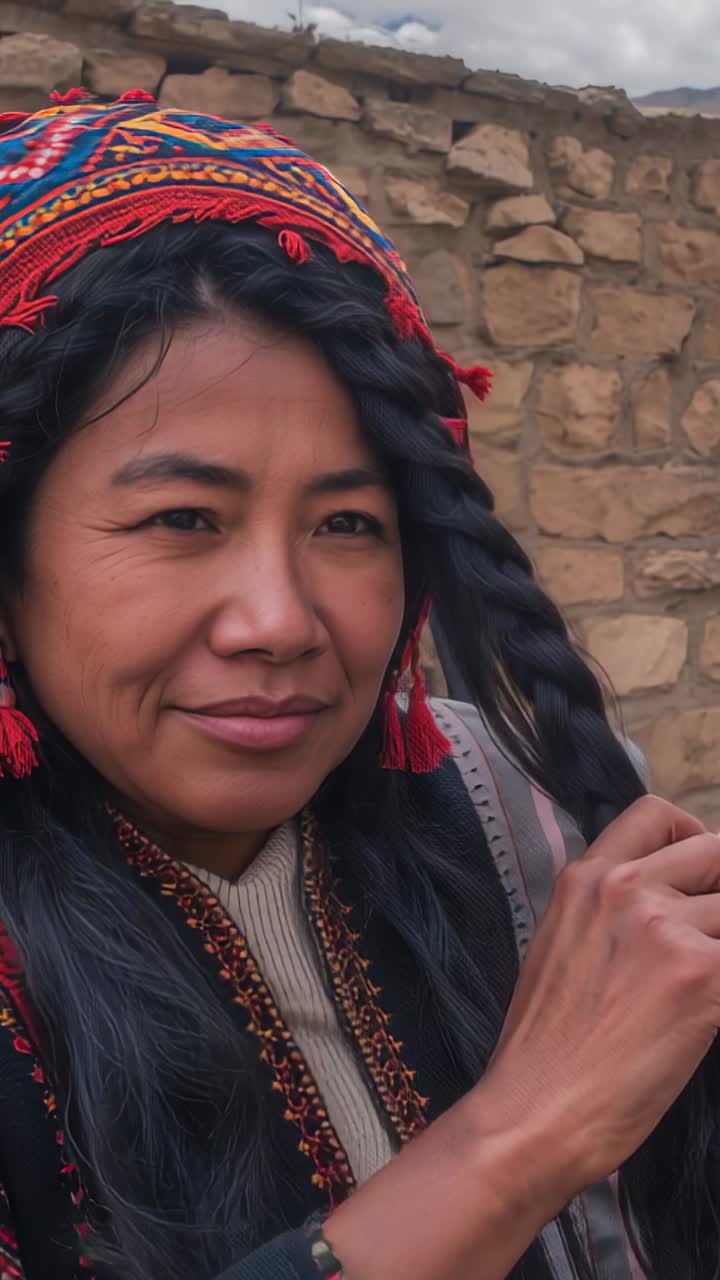 Video verticale: donna che alza la mano e si sistema una treccia in un cortile, indossa un cappello e un poncho a motivi
