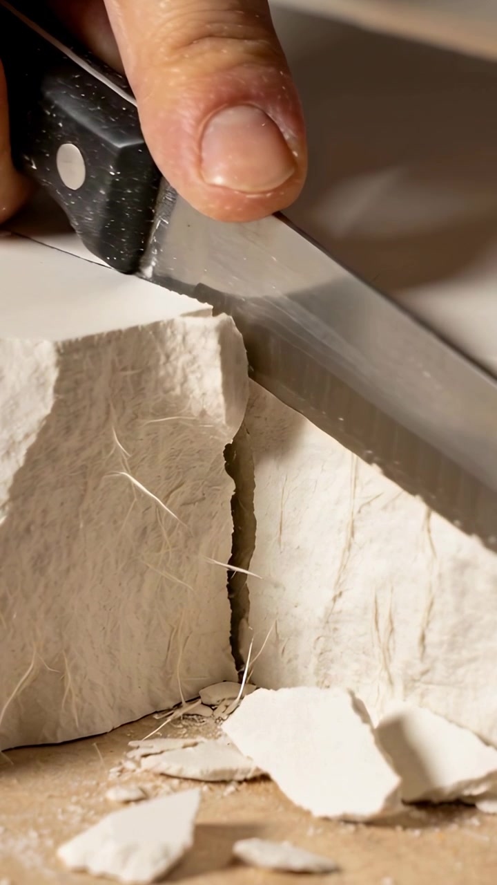 Vertical video: Aligning male hand scraping craft knife into crack on bench, splitting white block