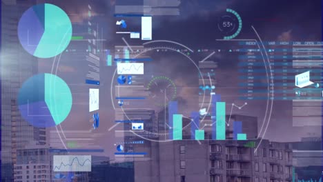 Animation-of-infographic-interface-and-circles-over-buildings-against-cloudy-sky