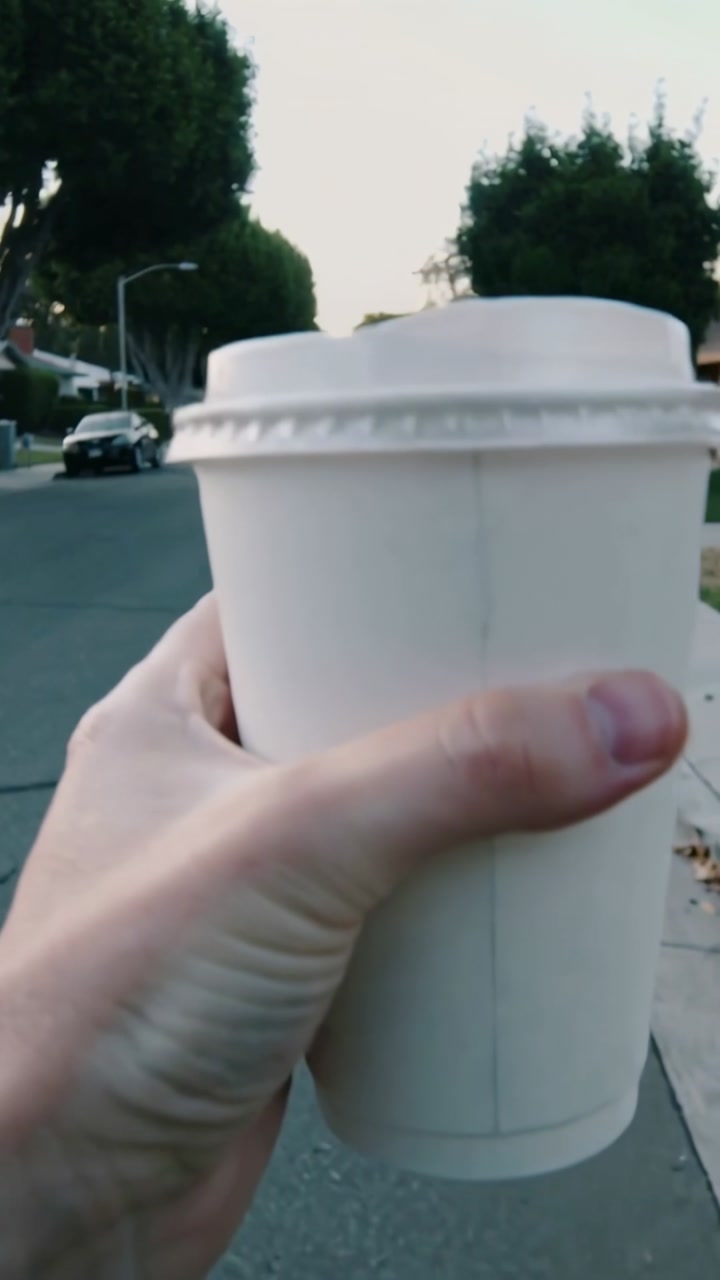 Vertical video: Starting adult holding white cup with lid walking down street for work with strap