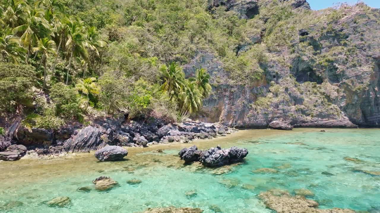 Vista aerea che mostra acqua cristallina con rocce e barriera corallina in un paesaggio tropicale con palme - Playa Fronton, Repubblica Dominicana