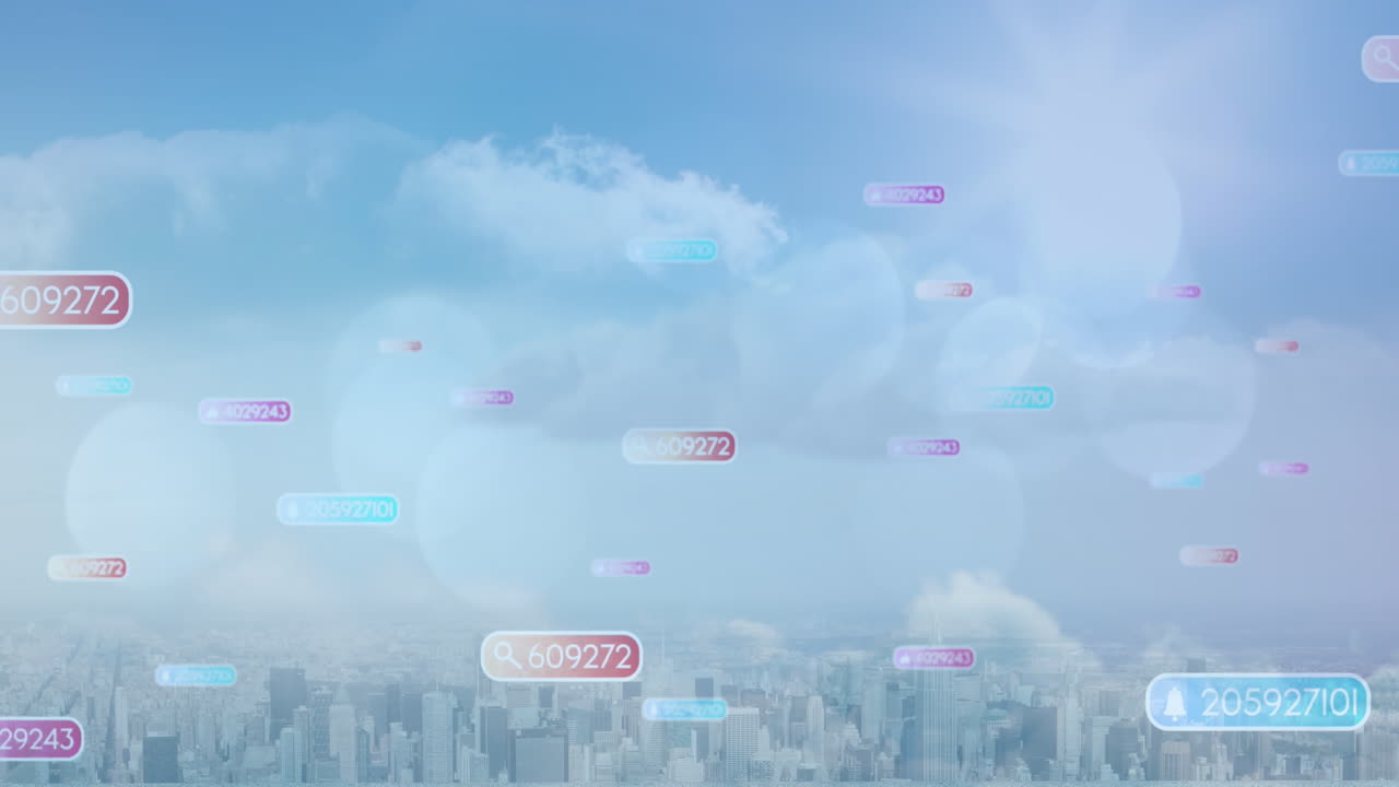 도시 풍경 위에 숫자를 가진 소셜 미디어 아이콘의 애니메이션