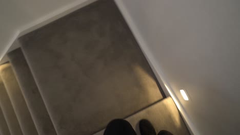 first person pov shot of person walking down stairs that are carpeted and wooden