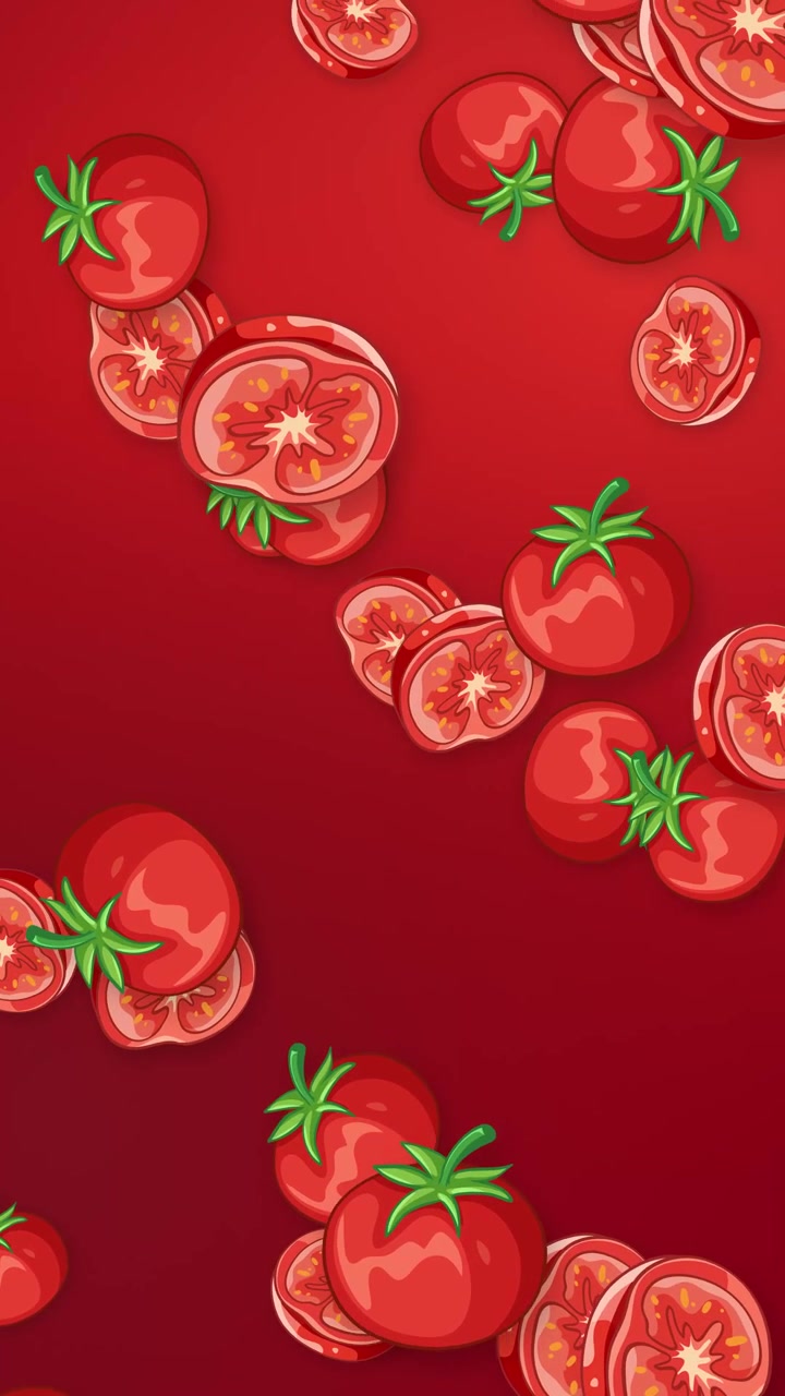 Pomodori e fette stilizzati illustrati in 2D cadono verticalmente su uno sfondo sfumato rosso vibrante