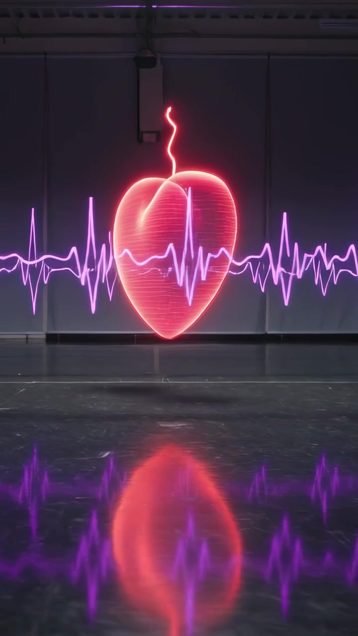 Video verticale: Cuore al neon pulsante il cui contorno si trasforma in scansioni in un corridoio, con un bagliore viola a forma di ECG sul pavimento.