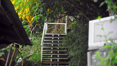 Escalera-De-Metal-En-El-Jardín-Con-Un-Colorido-Fondo-De-Flores-Silvestres-Por-La-Mañana