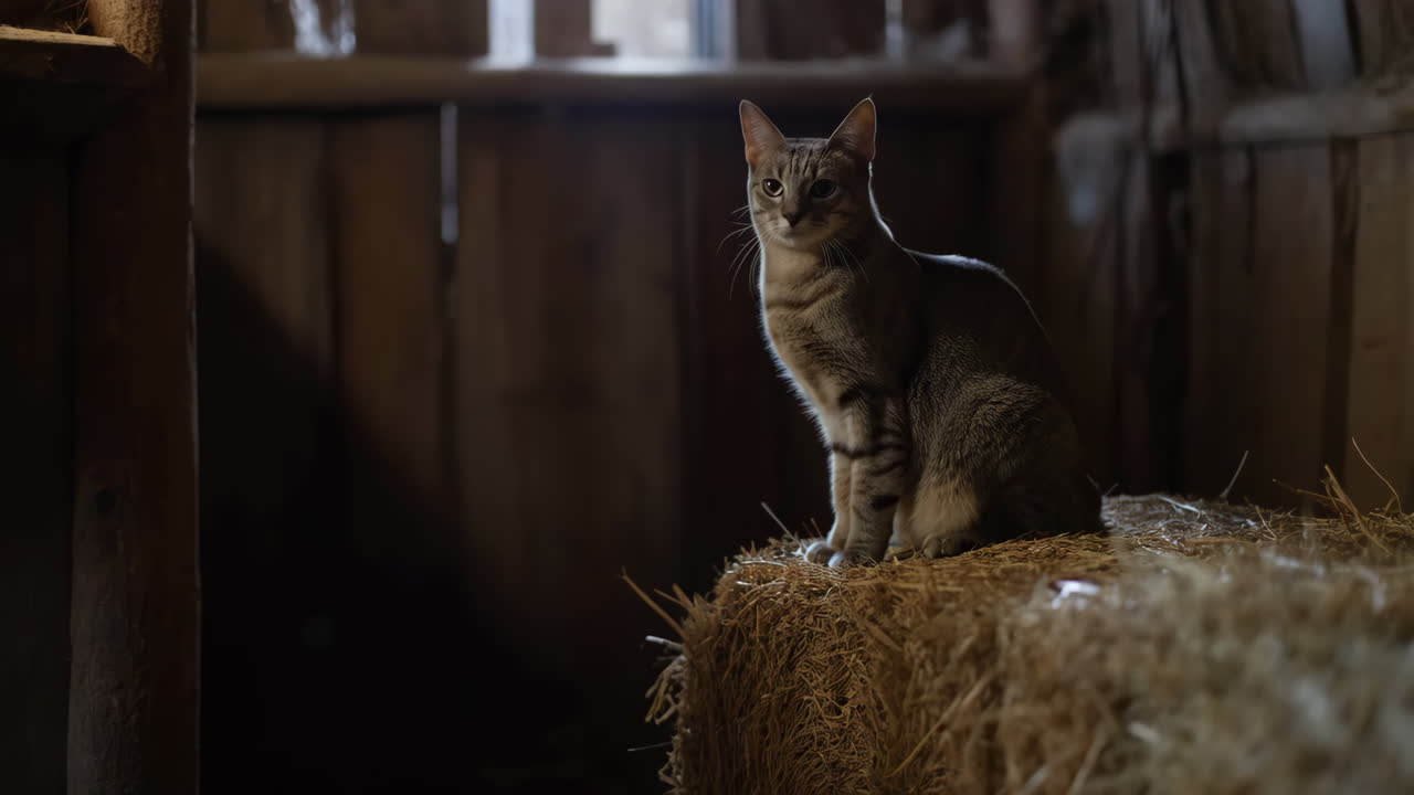 Cat sitting on hay in a barn