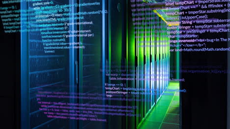 animation of multicolored computer programming language over data server room