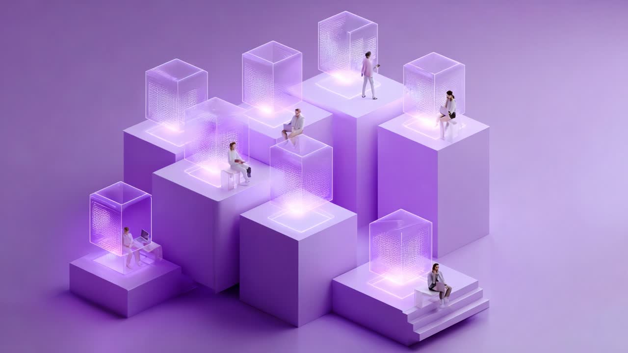 Futuristic Technology Concept Showcasing People Interacting with Transparent Cubes and Digital Interfaces in a Serene Purple-Toned Environment, Symbolizing Innovation and Connectivity