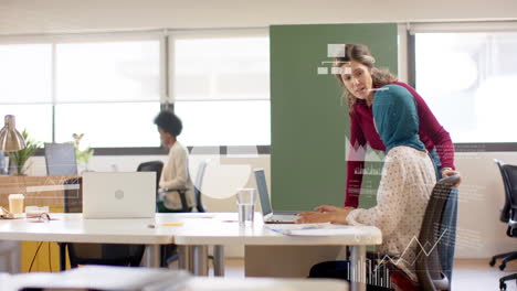 animation of financial data processing over diverse business people in office