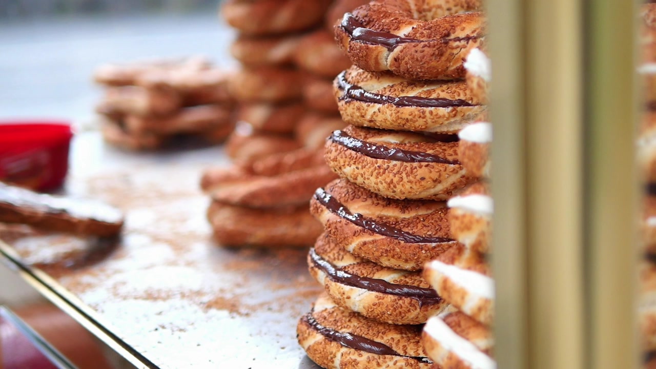 Stacked Turkish Simit Bagels with Chocolate and Cream Cheese Fillings