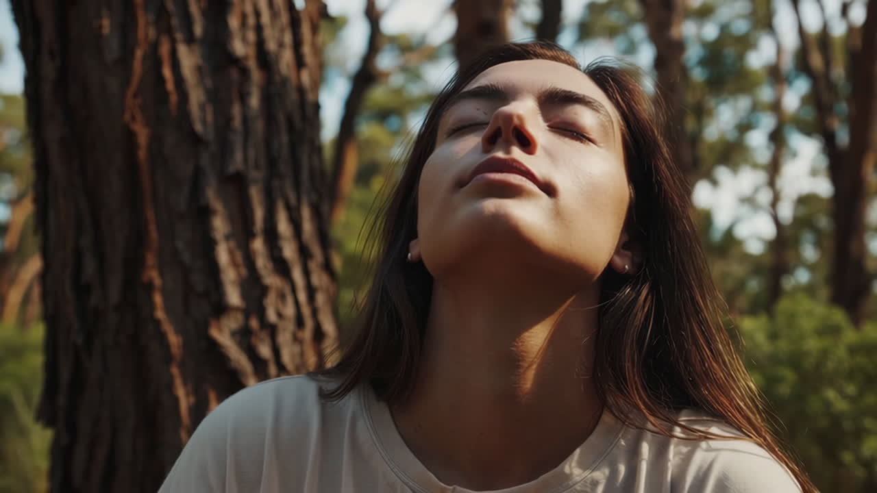 una mujer meditando en un bosque.