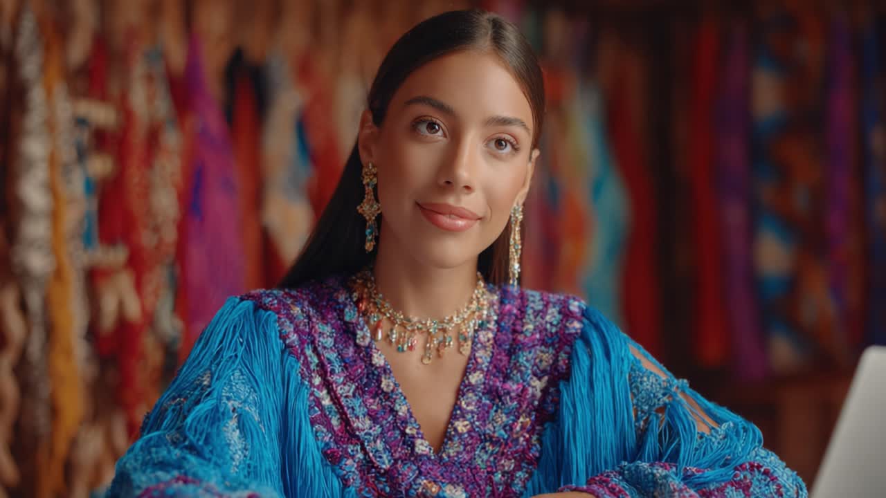 Elegant Young Woman in Vibrant Traditional Attire with Beautiful Jewelry and Colorful Background, Captured in Two Distinct Frames of a Captivating Video Segment