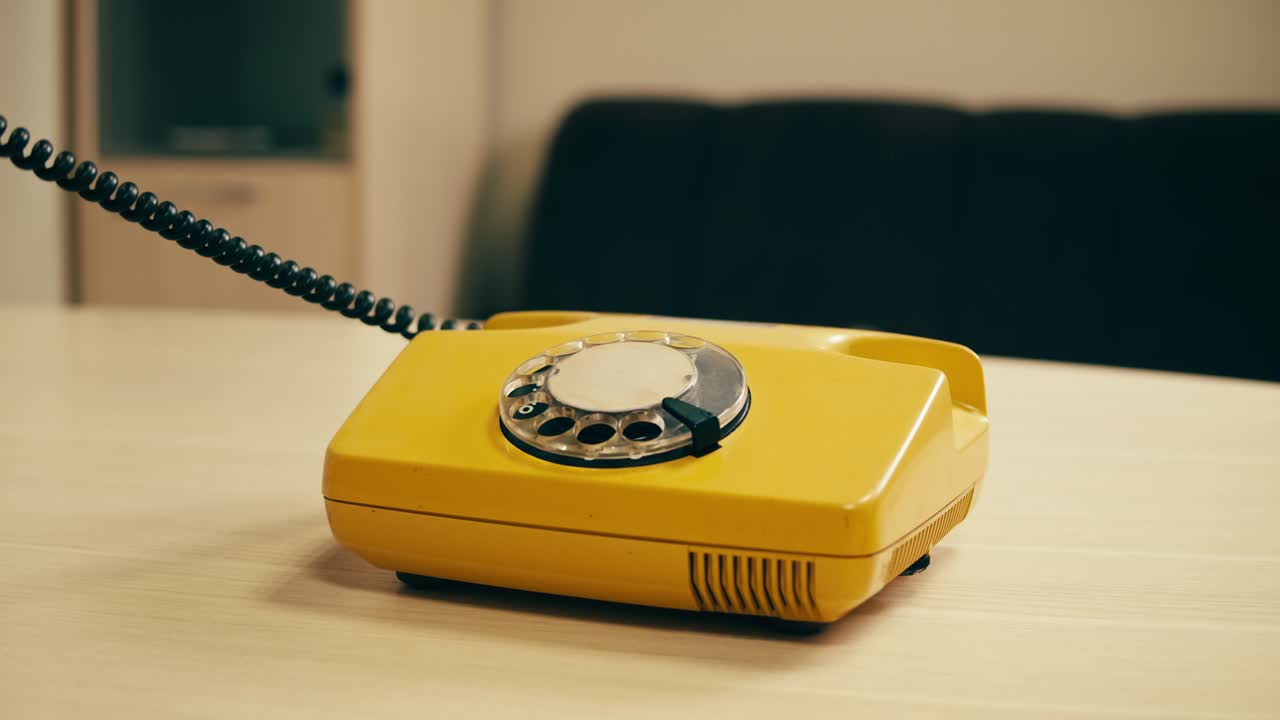 Retro vintage phone, A yellow rotary telephone is displayed on a wooden desk, adding a nostalgic touch