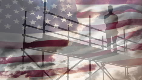 animation of worker in construction site and scaffolding with american flag