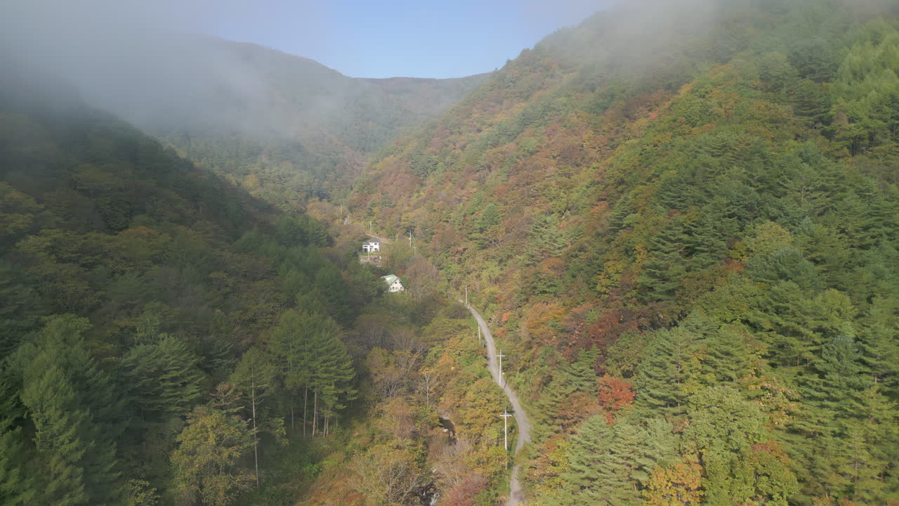 A simple, slow vertical movement upwards into a thick bank of fog, obscuring the autumn landscape below