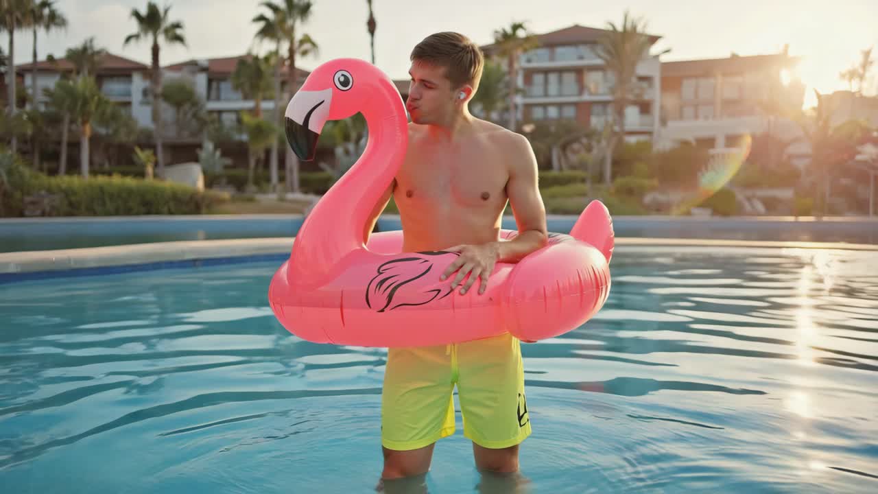 A man in a pool with a pink flamingo floatie