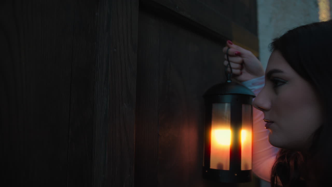 una mujer toca la puerta con una linterna por la noche en una ciudad medieval.