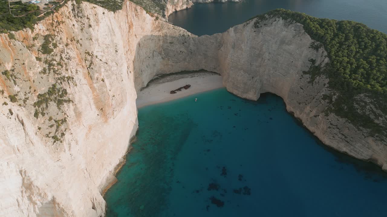 Beautiful aerial view of Navagio Beach with turquoise waters and shipwreck in Zante