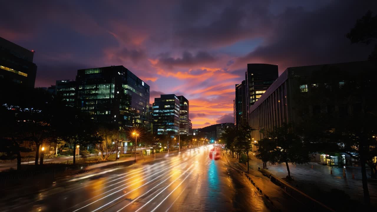 Impresionante paisaje urbano al anochecer: Luces brillantes y calles reflectantes en medio de un cielo dramático, mostrando la belleza de las escenas nocturnas urbanas y la naturaleza.