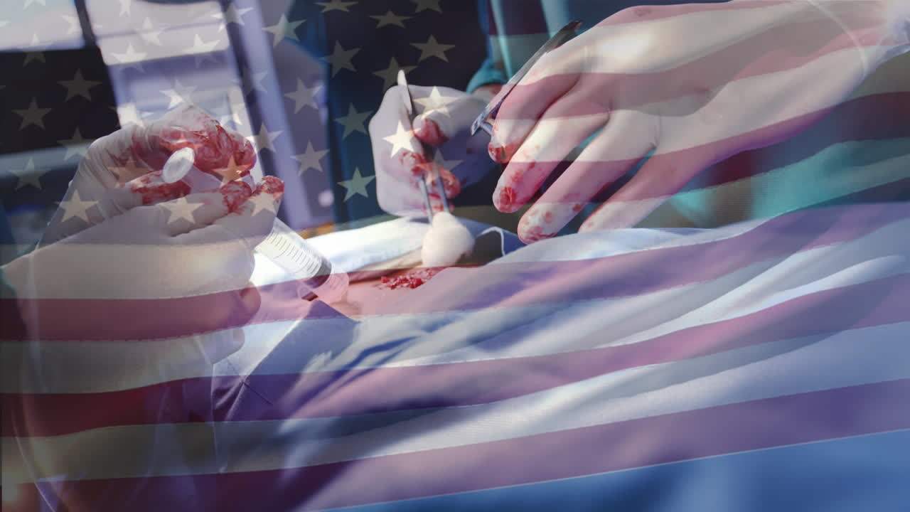 수술실 에서 외과 의사 들 위 에 흔들리는 미국 국기 의 애니메이션