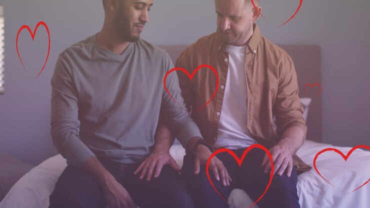 Animation of heart icons over diverse gay couple embracing
