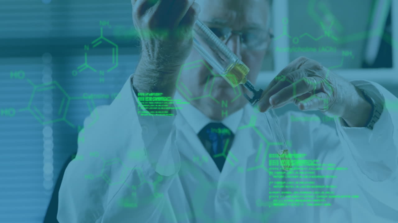 실험관으로 실험을 수행하는 과학자, 화학 공식 애니메이션이 여 있습니다.