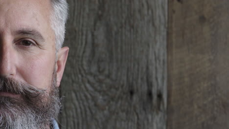 half face portrait of mature bearded man looking at calm camera serious caucasian male on wooden background copy space close up