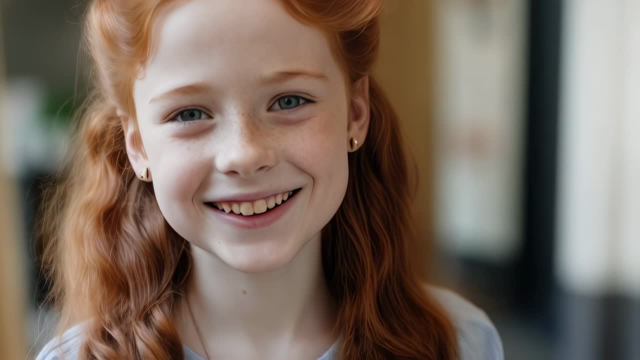 Close up portrait capturing a cheerful kid with stunning long red hair and adorable freckles, smiling widely and showcasing bright teeth, radiating pure happiness and joy