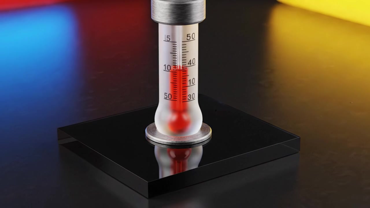 Nahaufnahme eines Thermometers mit roter Flüssigkeit im Inneren, platziert auf einer spiegelnden schwarzen Oberfläche, wobei Farbkontraste mit beleuchteten Hintergründen hervorgehoben werden