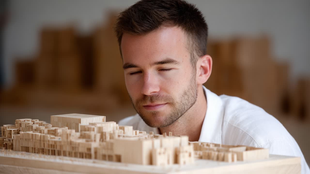 A Focused Architect Contemplating His Wooden Model, Showcasing Design Elements and Creative Vision Through His Engaged Expression and Detailed Work