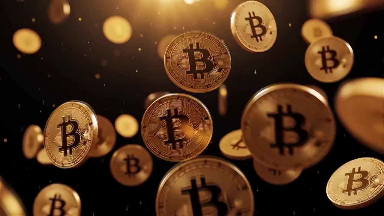 Bitcoin girando em fundo preto dramático 4K