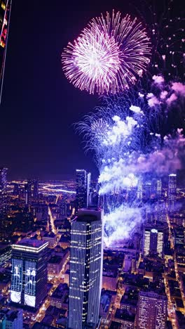fireworks bursting over a vibrant skyline of illuminated city skyscrapers at midnight, creating a stunning spectacle during a festive new year's eve celebration viewed from above