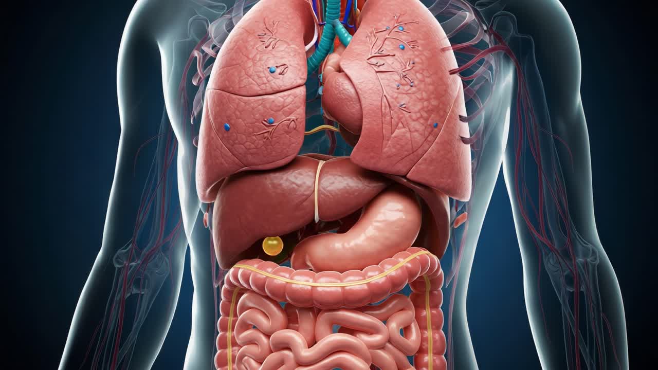 Detailed Anatomical Illustration of Human Organs: Featuring Lungs, Heart, and Digestive System in Vibrant 3D Modeling with Enhanced Color and Clarity for Educational Purposes