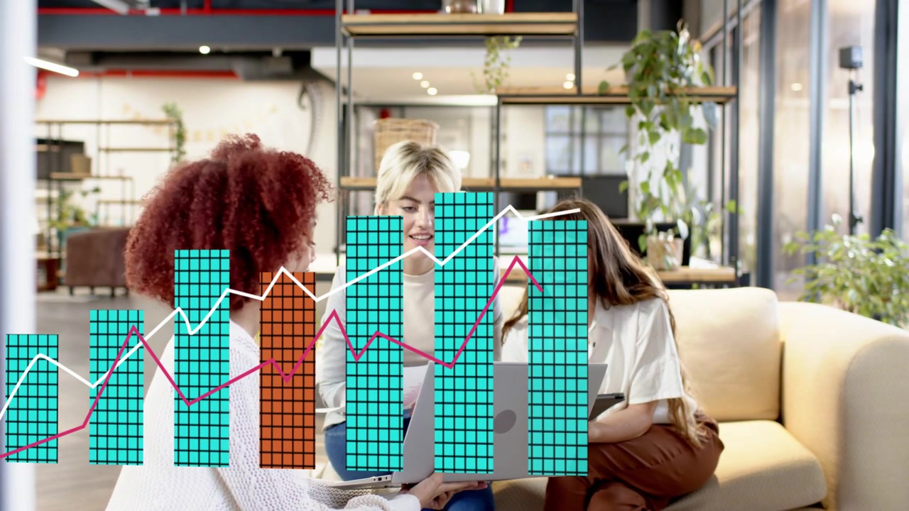 Red-haired woman typing and causing bars filling lower frame, team reviewing business data