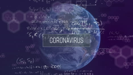 animación de la palabra coronavirus con fórmulas científicas, giro del globo, propagación del coronavirus