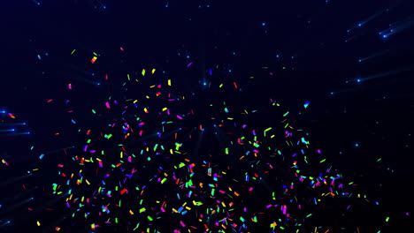 colorful confetti falling animation over dark blue background with light streaks