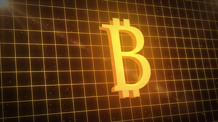 Simbolo del Bitcoin dorato su griglia gialla nello spazio