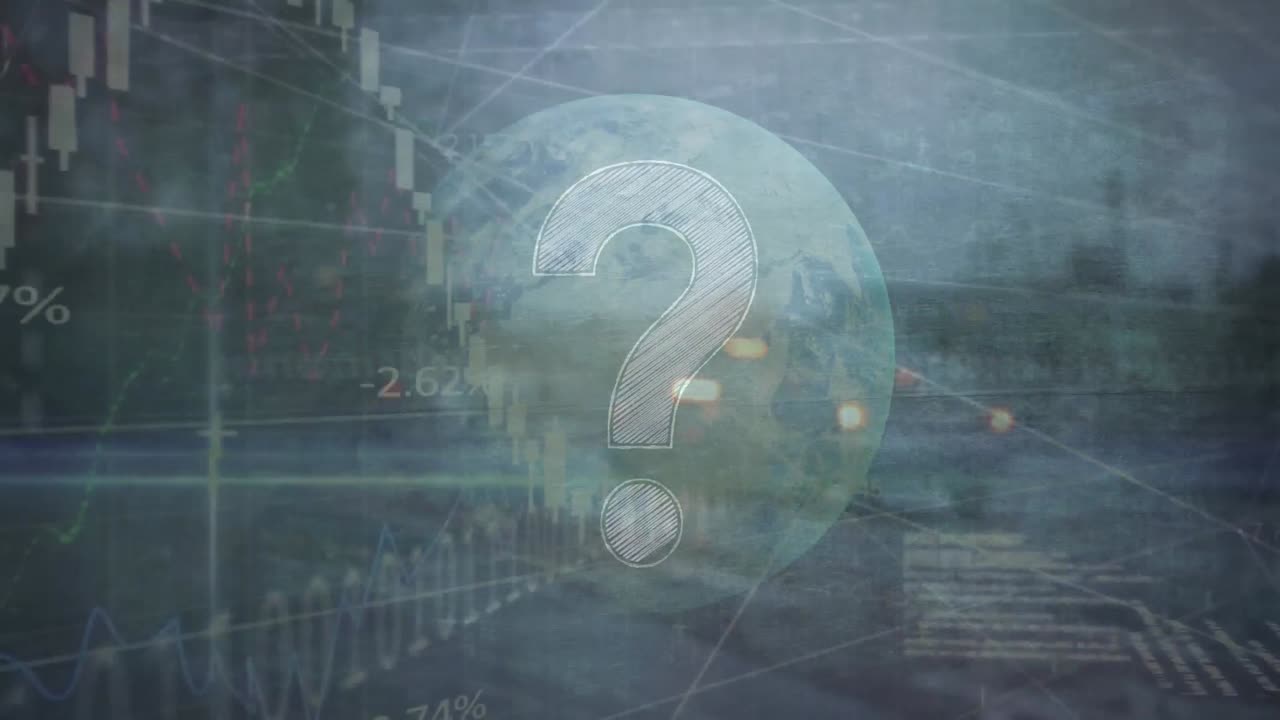 금융 데이터 처리 및 도시 교통에 대한 세계 표지판 위의 질문 점 기호의 애니메이션