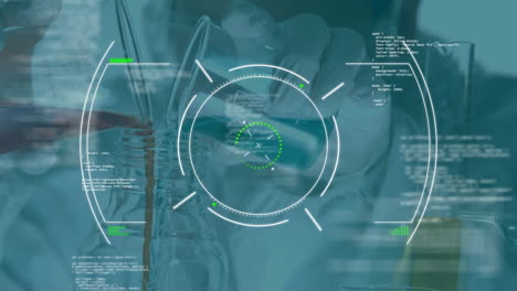 Scientific data processing animation over laboratory experiment with test tubes