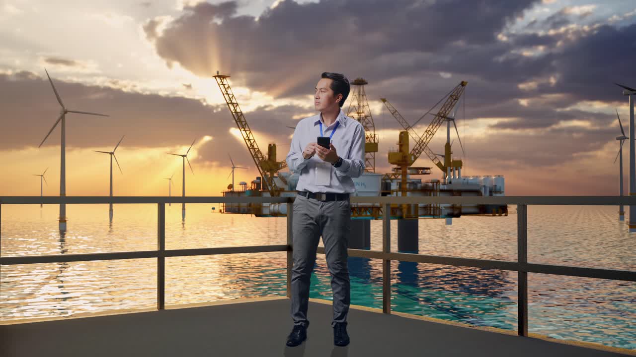 아시안 남성 직업 노동자가 스마트폰을 들고 서서 해상 수소 생산, 하이테크 산업 시설, 그는 그의 스마트폰으로 집중하기 전에 주변을 둘러보며 관찰합니다.