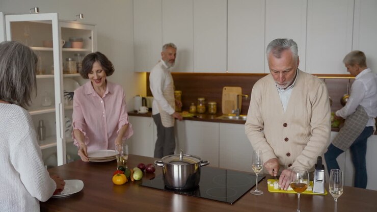 Gruppo di amici anziani che cucinano e parlano in cucina mentre due uomini brindano con un bicchiere di vino