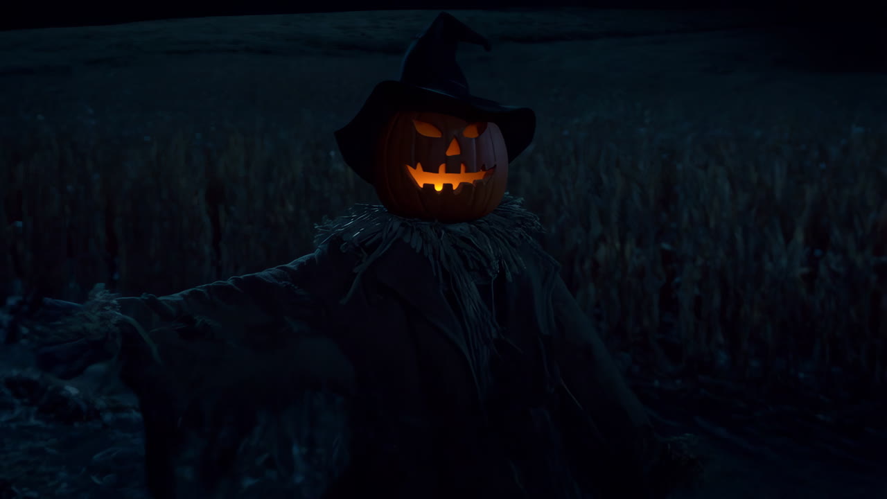 Spooky Scarecrow with Jack-o'-Lantern Head in Dark Field