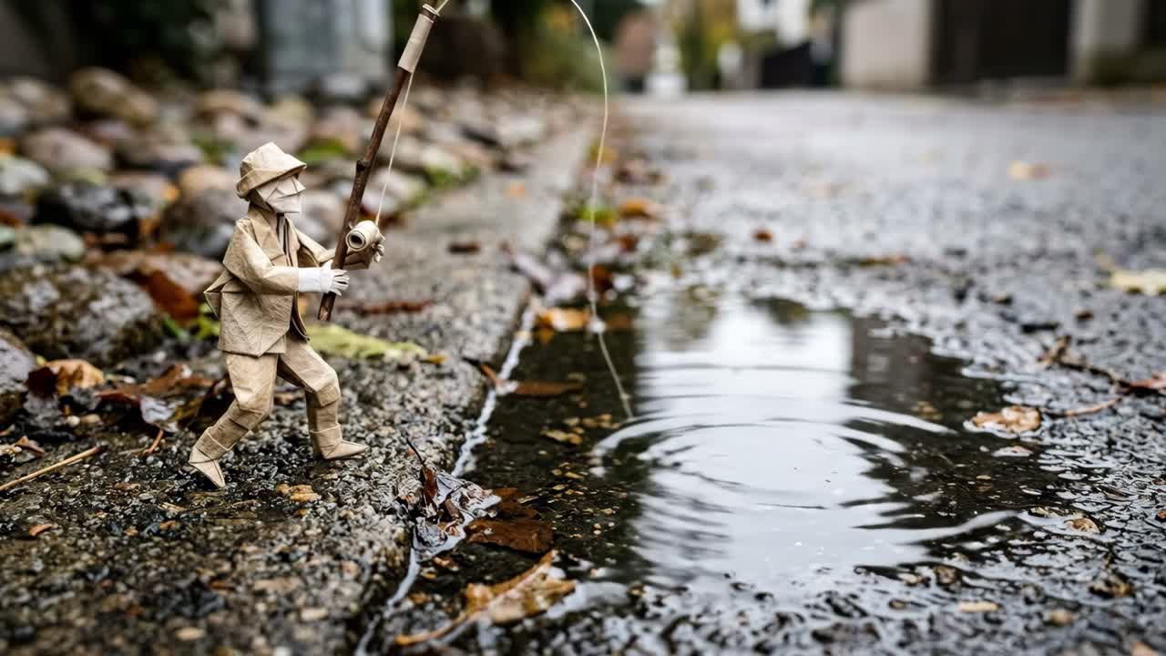 Origami Fisherman Figure Fishing in a Puddle on a Wet Street