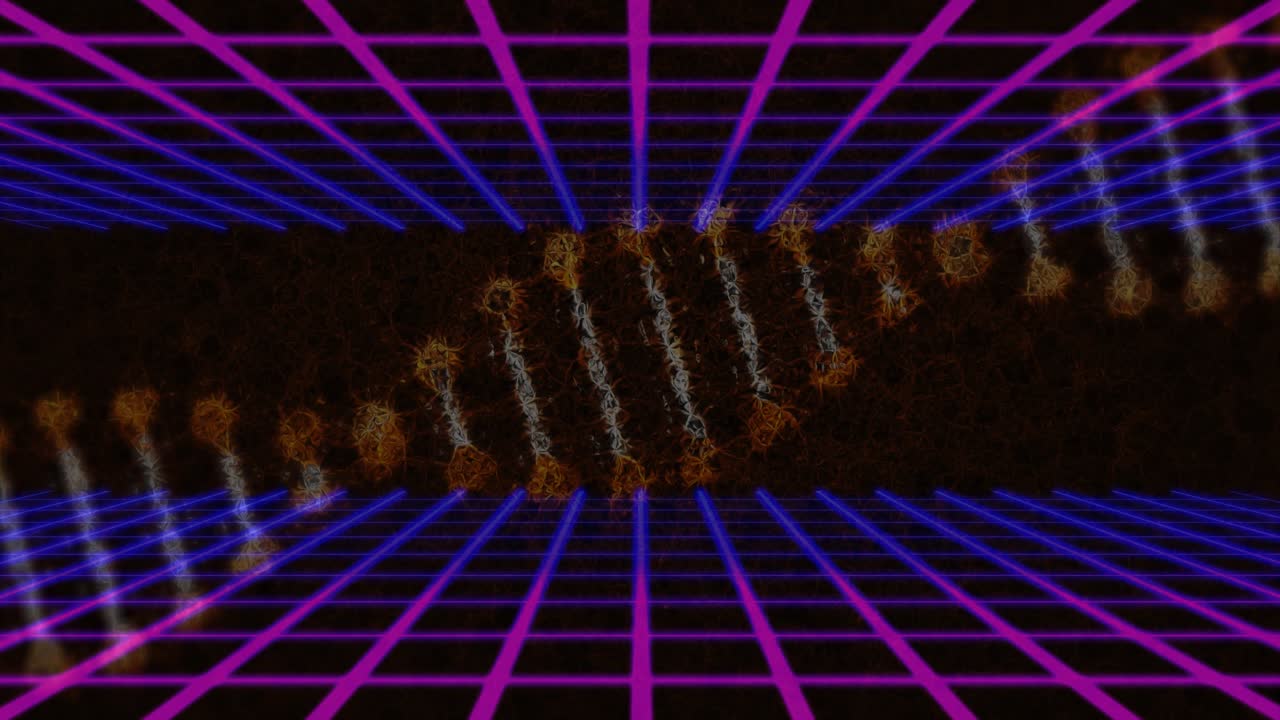 Receding neon grid initiating golden particle strand tilting and aligning in looping digital effect