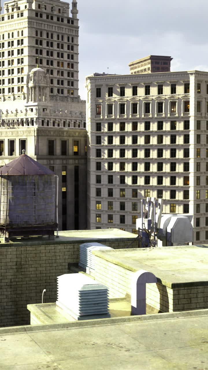 Urban skyline showcases high rise buildings and rooftop structures in city