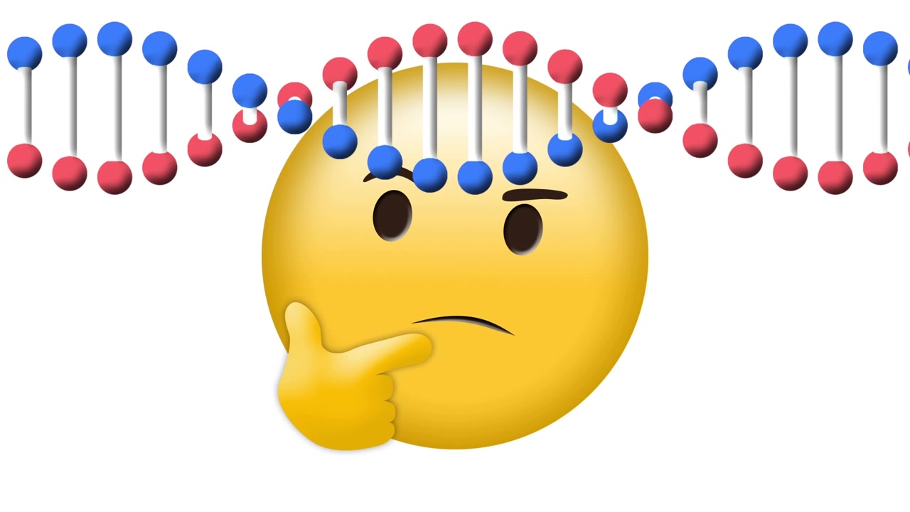 Animation av DNA-kedja över tänkande emoji på vit bakgrund