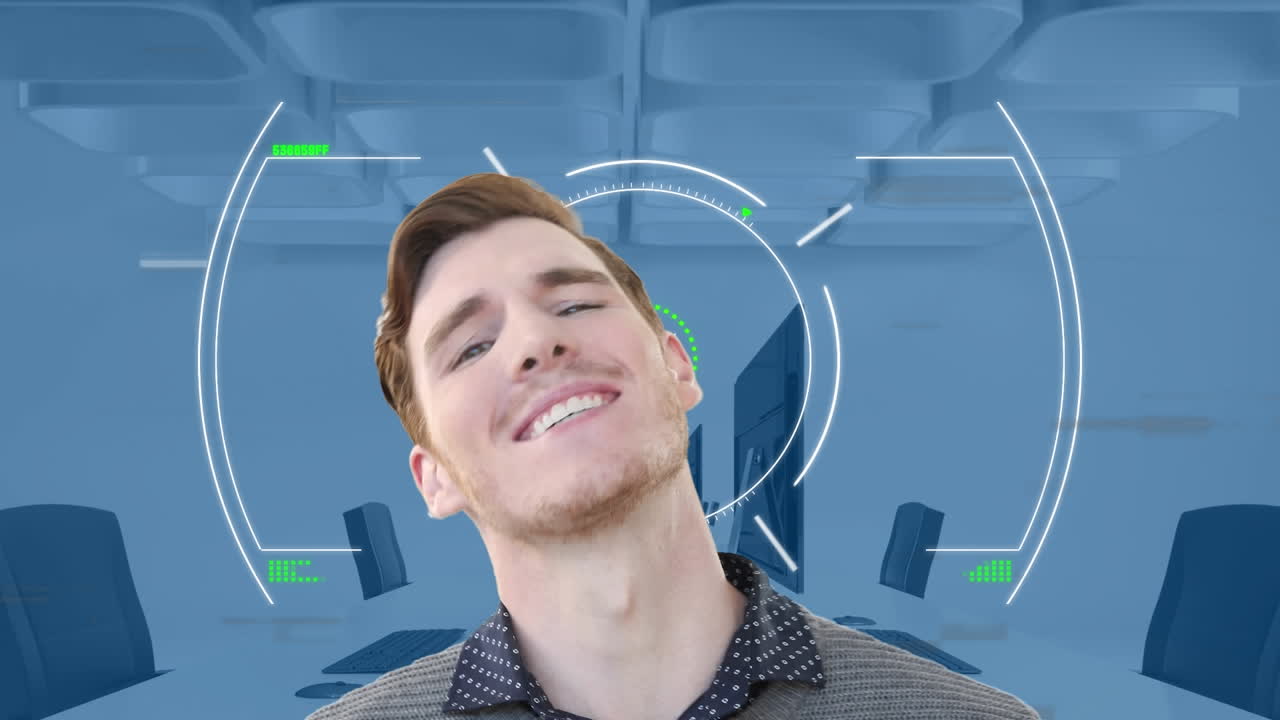 Animation of happy businessman over scope scanning over empty office