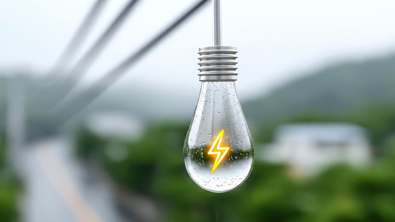 A light bulb hangs on a wire during rain. A light bulb hangs on a wire during rain. Water droplets cover the surface and an electric symbol shines in the bulb