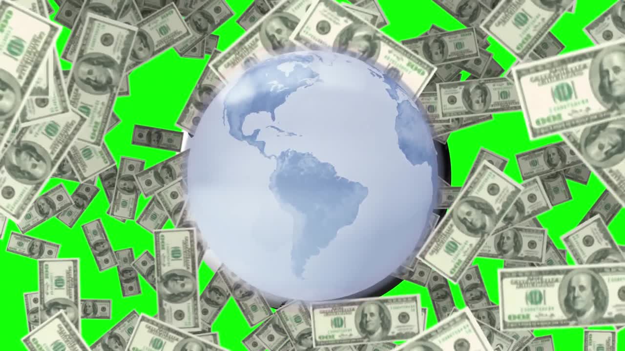 animación de billetes en todo el mundo sobre un fondo verde.